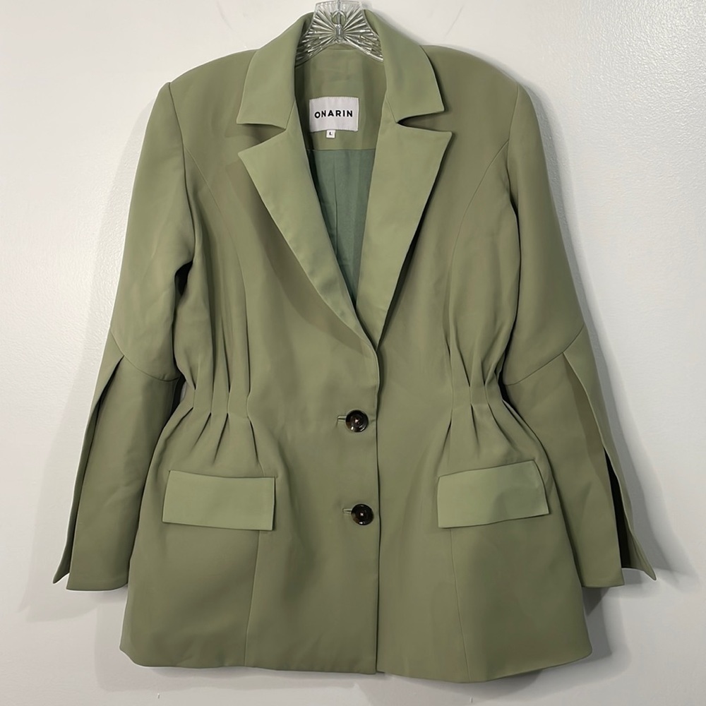 Onarin Matcha Green Structured Silk Satin Blazer Jacket Size L
